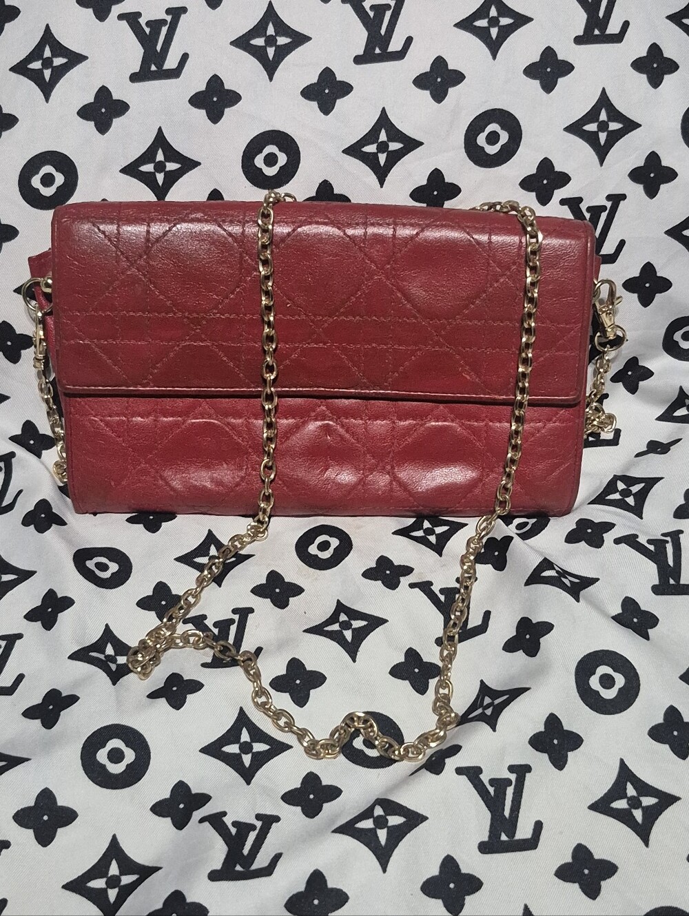 Vintage Authentic Dior Red Quilted Chain Wallet